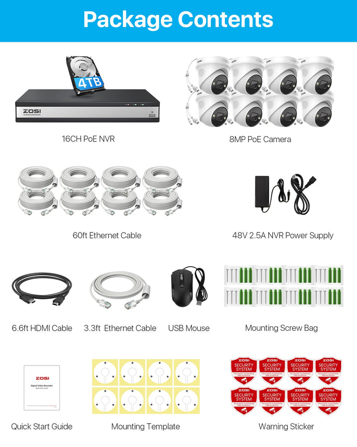 C225 4K 16 Channel 8-Cam PoE NVR System + 4TB Hard Drive Zosi