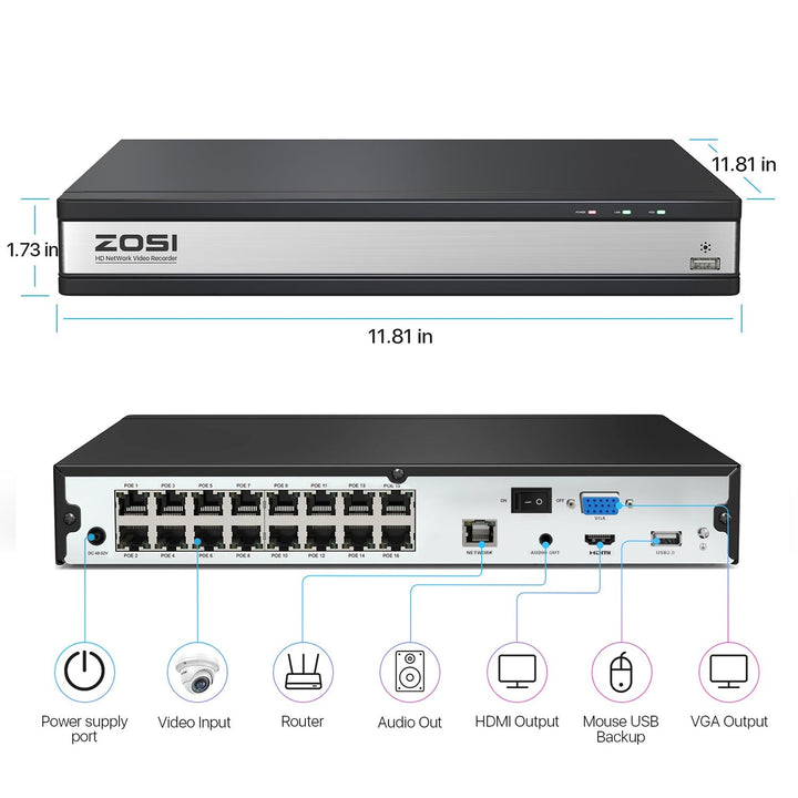 4K 16 Channel NVR + 4TB Hard Drive Zosi