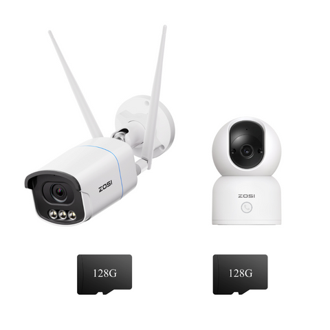 C186A 4K Full-Color WiFi Camera + C518 Indoor Camera + 2*128GB Card