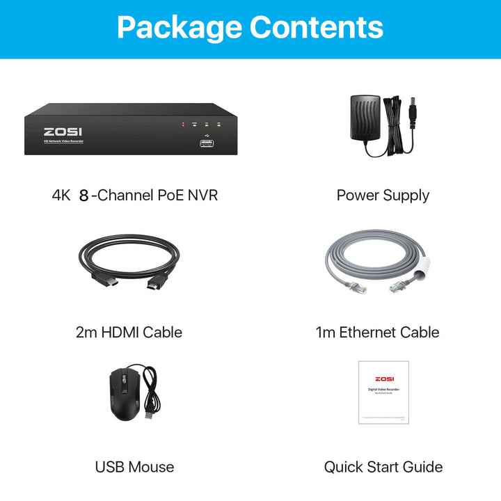 4K 8 Channel NVR + 2TB Hard Drive Zosi