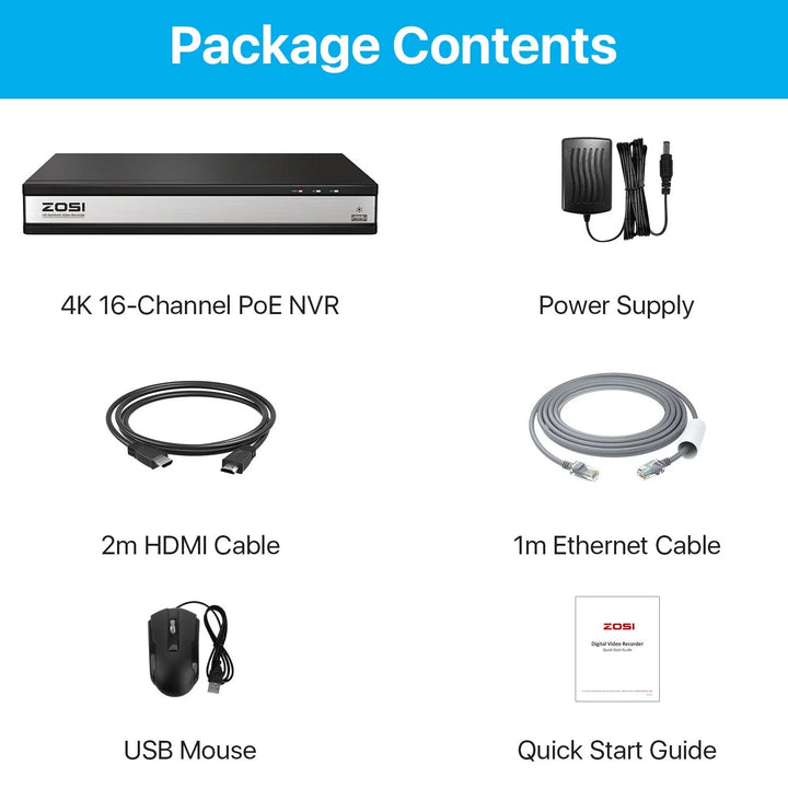 4K 16 Channel NVR + 4TB Hard Drive Zosi