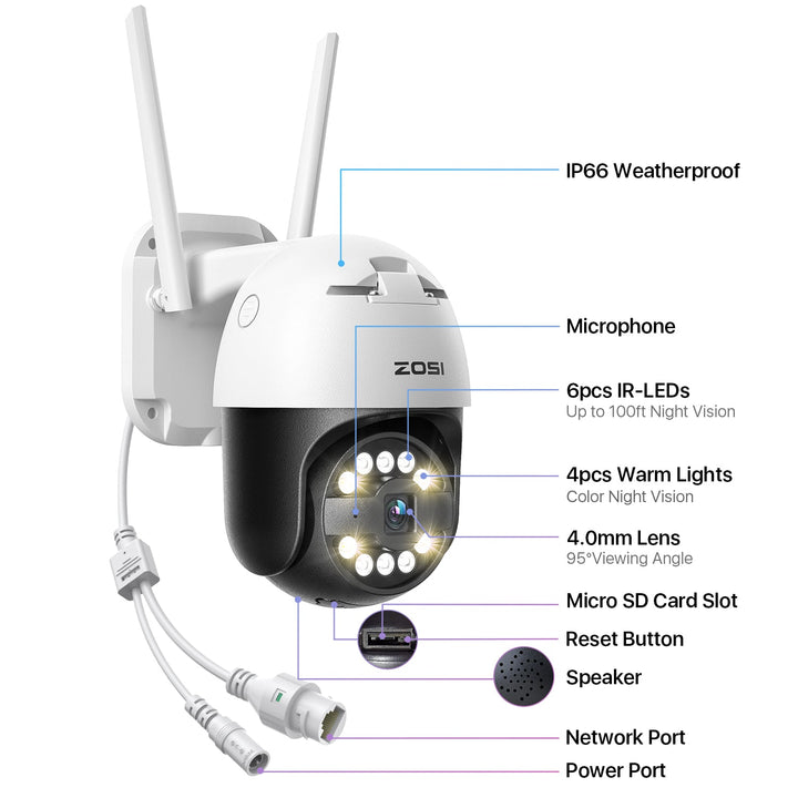 C296 5MP Pan-Tilt WiFi Security Camera + Max 128GB Local Storage Zosi